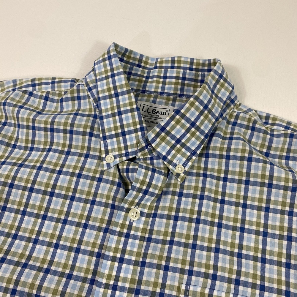 L.L.Bean Shirt Mens Large Blue Green Plaid Traditional Fit Button Down Cotton